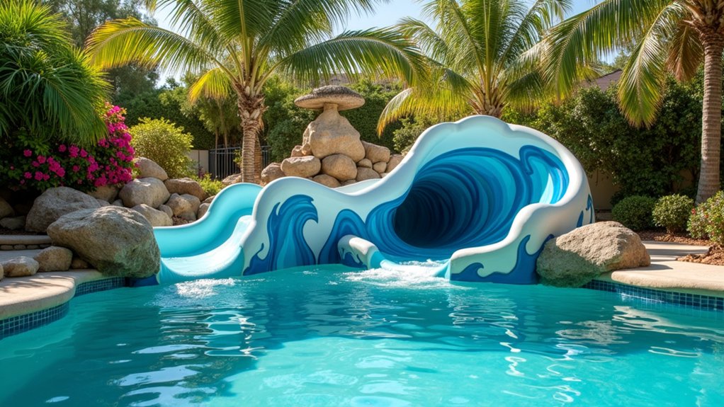 23 Fun Pool Landscaping With Slide Features Kids Will Love ocean wave slide adventure
