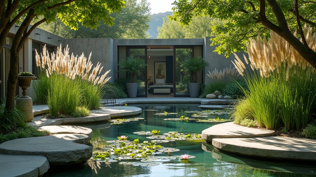 20 Peaceful Zen Pool Landscaping Ideas to Create Calm Outdoors ornamental grasses create serenity