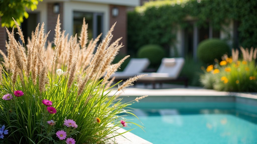 20 Vibrant Pool Landscaping With Flowers to Add Color and Charm ornamental grasses enhance landscapes