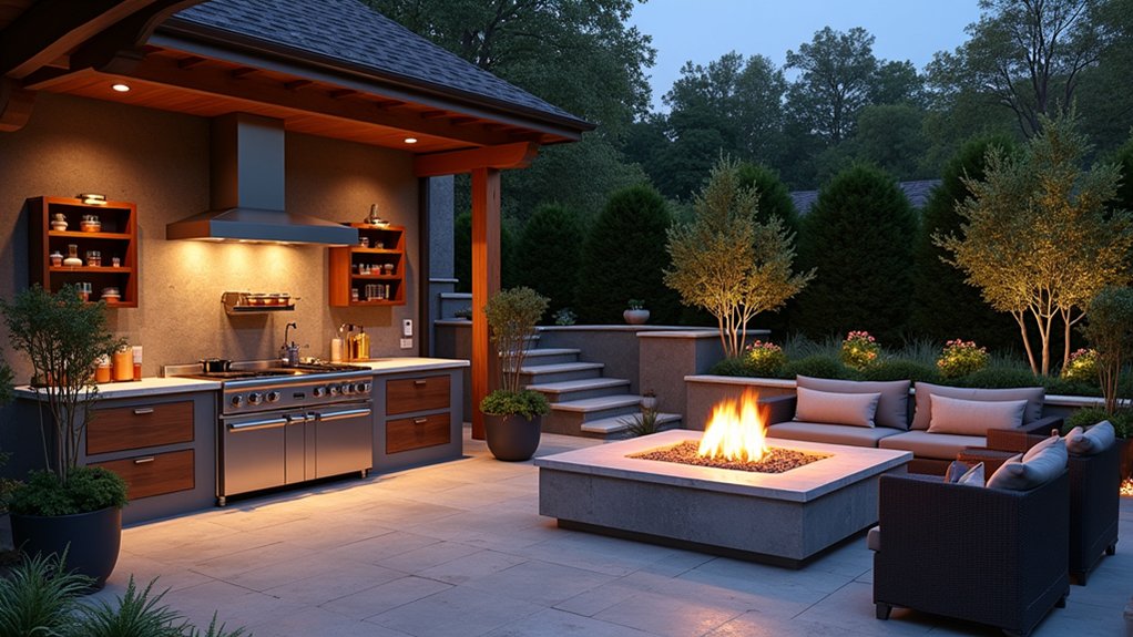 outdoor kitchen with fire pit