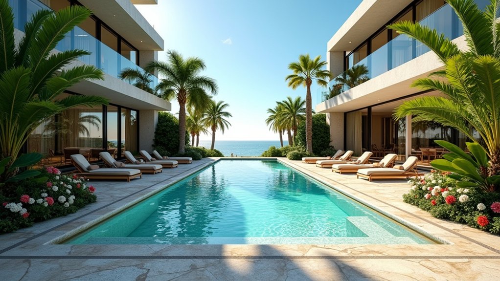 18 Exotic Pool Landscaping With Palm Trees That Scream Vacation Vibes palm lined luxury oasis