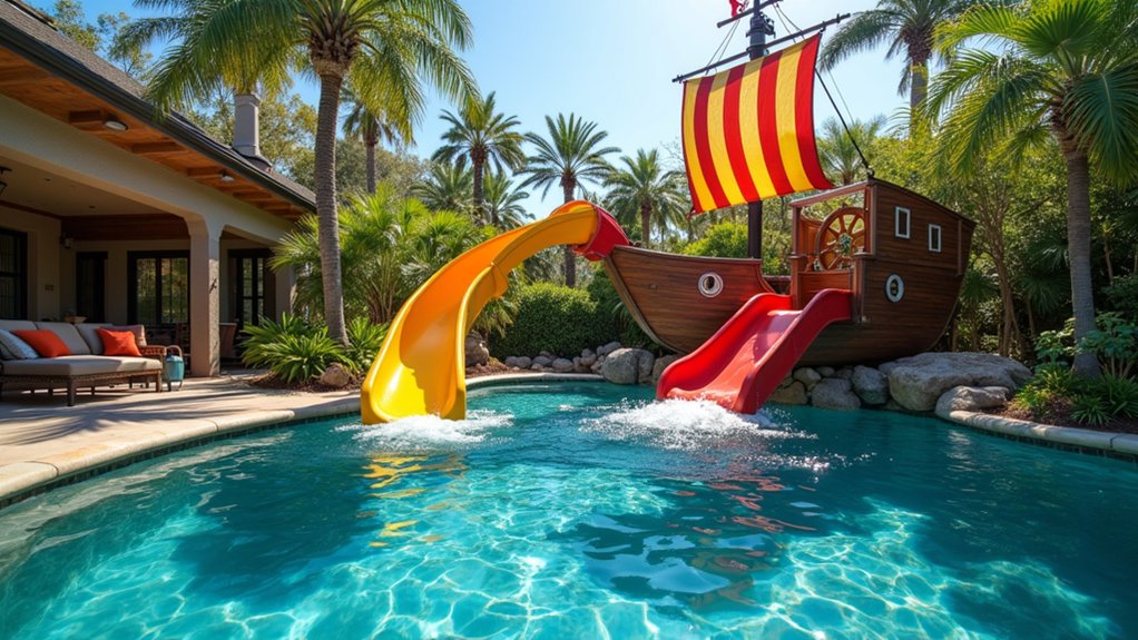 20 Pool Ideas With Slide Additions for Family Fun pirate adventure backyard slide