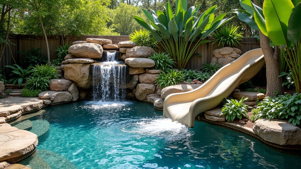 15 Captivating Pool Landscaping Waterfall Ideas That Add Movement and Sound playful paradise water slide