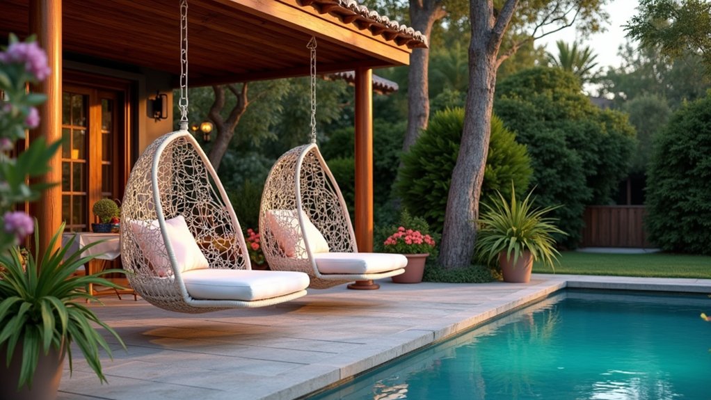 23 Cozy Pool Deck Decorating Ideas With Seating Areas for Relaxation playful swinging hammock chairs