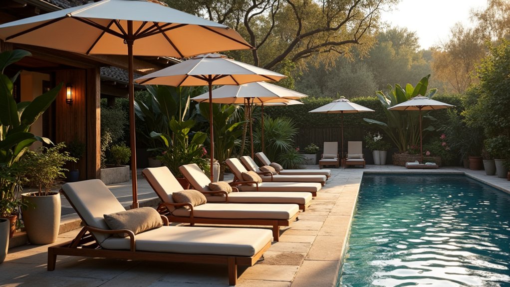 23 Cozy Pool Deck Decorating Ideas With Seating Areas for Relaxation plush loungers with umbrellas