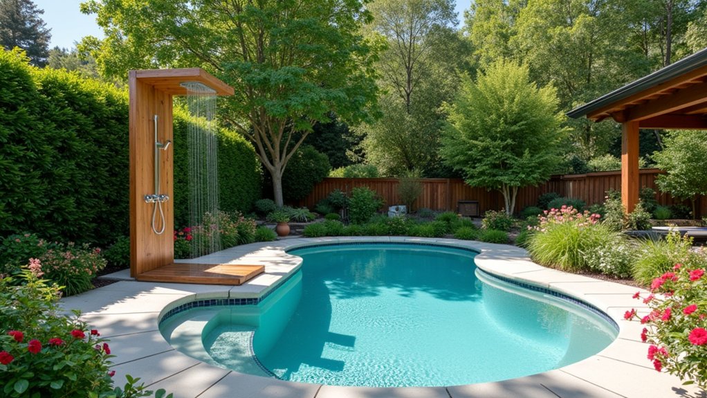 20 Clever Backyard Above Ground Pool Landscape Ideas That Work in Any Yard poolside outdoor shower installation