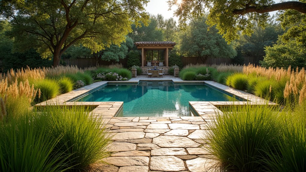 18 Bold Texas Pool Landscaping Ideas That Make a Statement prairie grass stone pathway