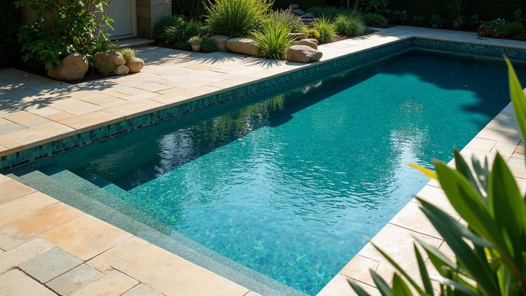 21 Crisp Pool Deck Edging Ideas That Define the Space radiant glass tile accents