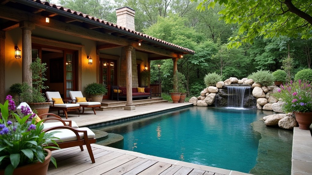 23 Cozy Rustic Pool Landscaping Ideas That Feel Warm and Inviting reclaimed materials enhance charm