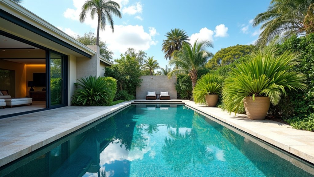 23 Modern Pool Landscaping Ideas That Redefine Backyard Design reflective surfaces enhance beauty