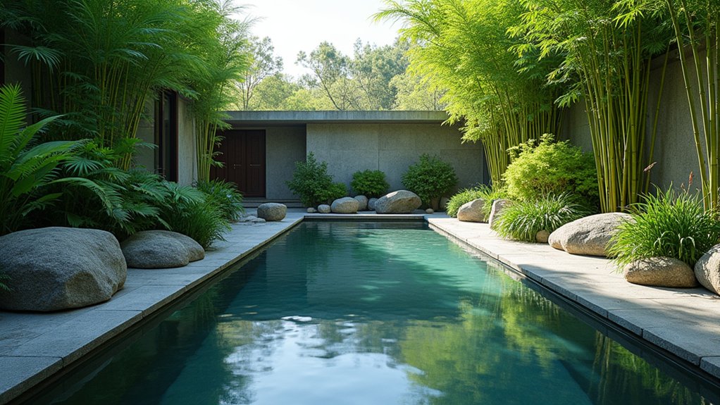 20 Peaceful Zen Pool Landscaping Ideas to Create Calm Outdoors reflective water surface serenity