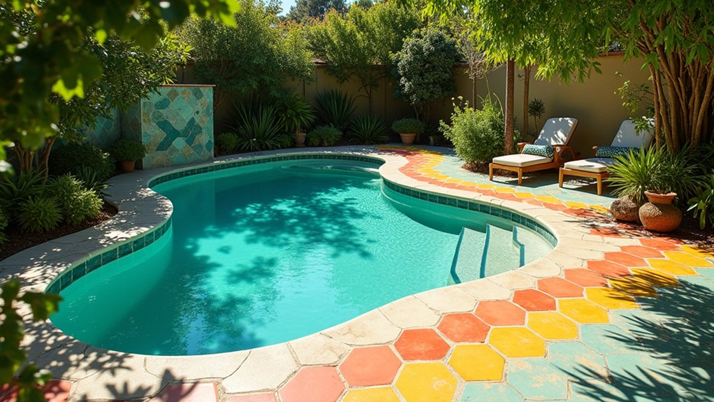 21 Stylish Pool Deck Tile Ideas That Add Color and Pattern retro patterns for pool