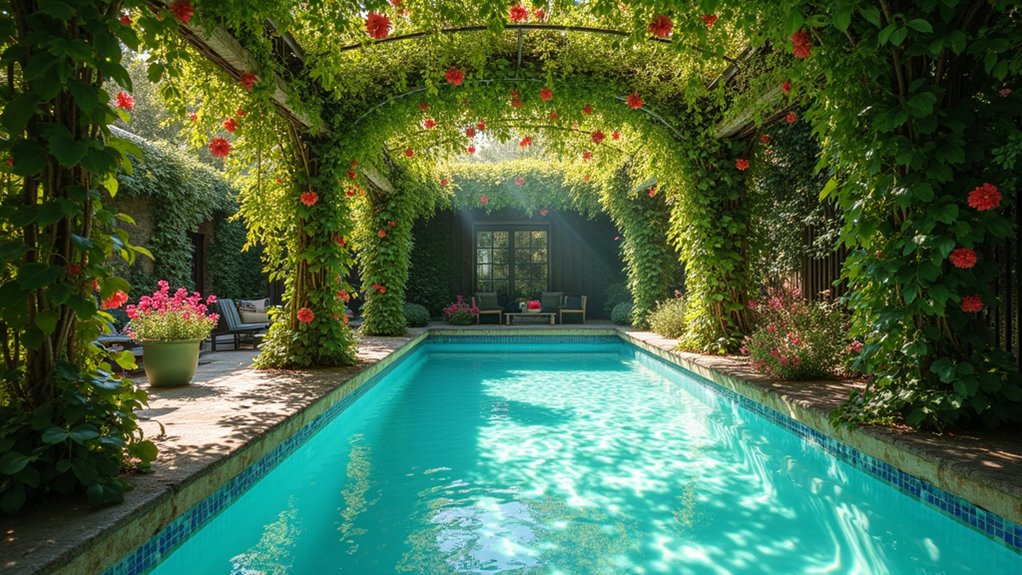 20 Vibrant Pool Landscaping With Flowers to Add Color and Charm romantic climbing vines oasis