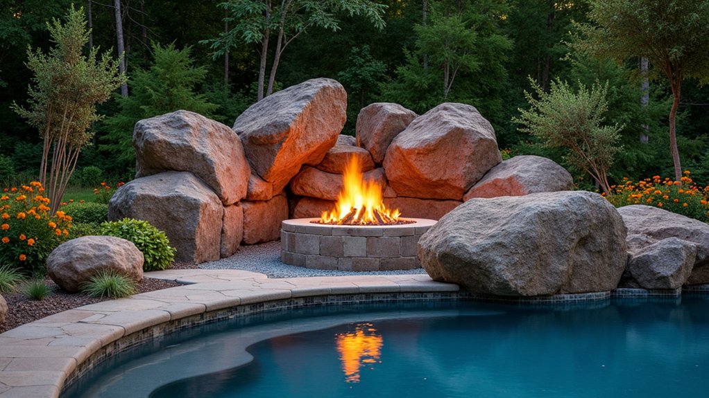 15 Bold Pool Landscaping With Boulders That Make a Statement rustic boulder fire pit