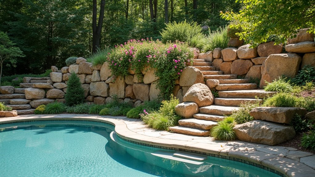20 Functional Pool Landscaping With Retaining Wall Designs That Add Structure rustic boulder retaining walls