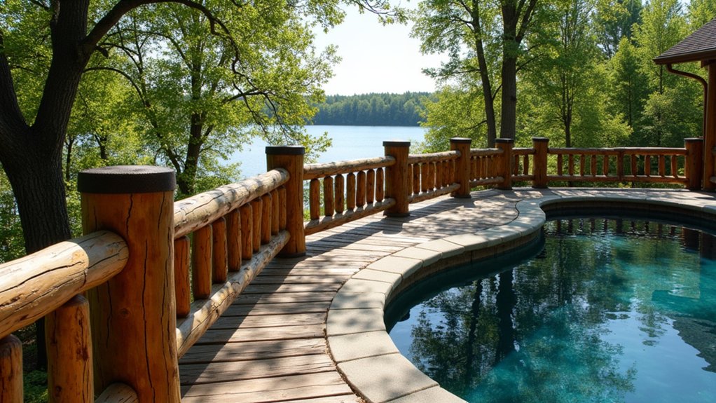 21 Safe and Stylish Pool Deck Railing Ideas to Frame Your View rustic cabin style railings