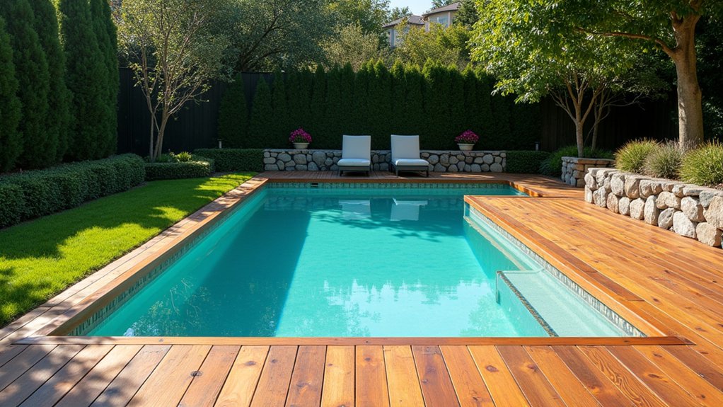 21 Crisp Pool Deck Edging Ideas That Define the Space rustic charm by poolside