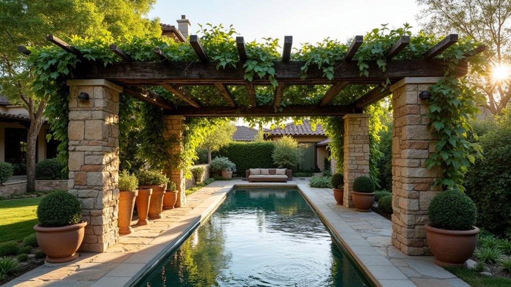 17 Elegant Pool Deck Pergola Designs That Add Structure and Shade rustic charm with stone