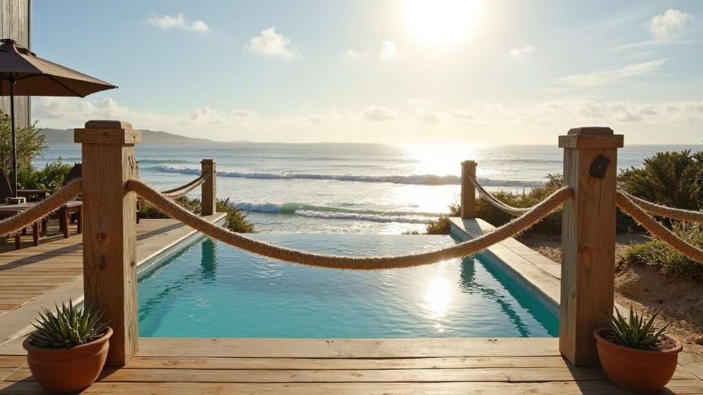 21 Safe and Stylish Pool Deck Railing Ideas to Frame Your View rustic coastal rope railings