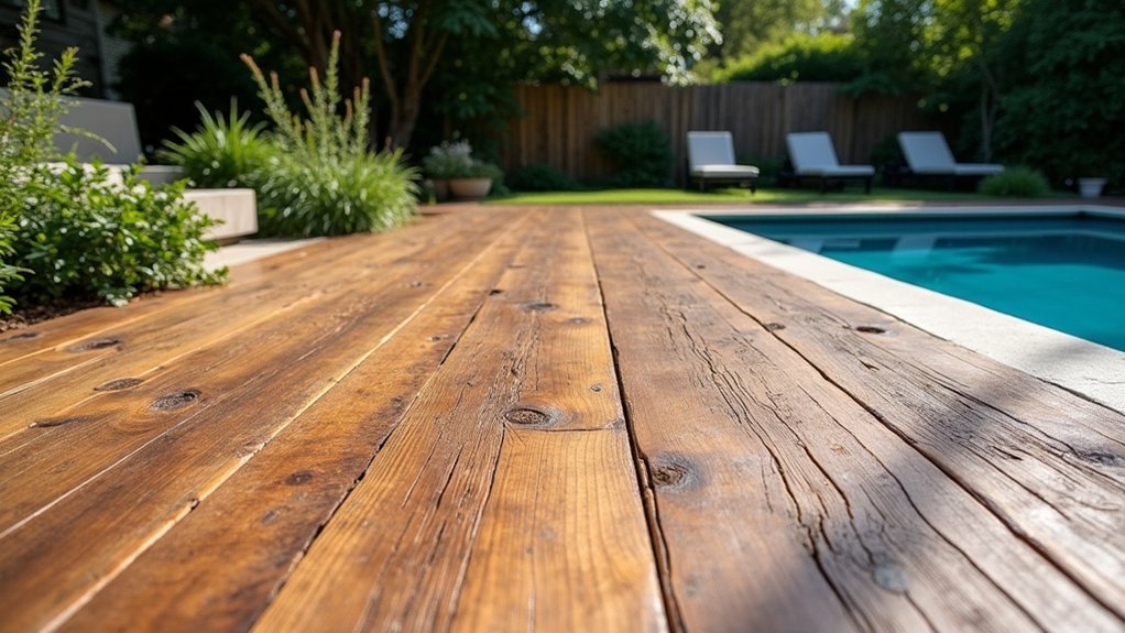 19 Durable Pool Deck Concrete Ideas That Are Built to Last rustic concrete wood design