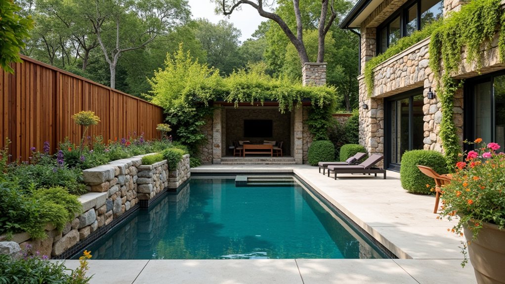23 Stylish Pool Landscaping With Fence Ideas That Feel Secure and Chic rustic natural stone walls