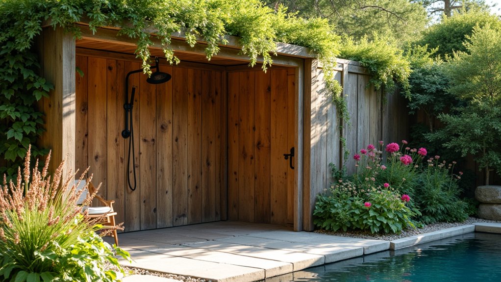 23 Cozy Rustic Pool Landscaping Ideas That Feel Warm and Inviting rustic nature inspired outdoor shower