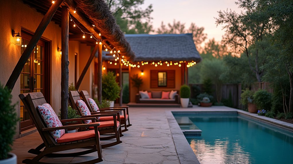 23 Cozy Pool Deck Decorating Ideas With Seating Areas for Relaxation rustic outdoor rocking chairs