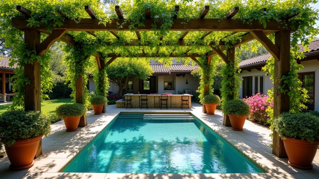18 Bold Texas Pool Landscaping Ideas That Make a Statement rustic pergola with vines