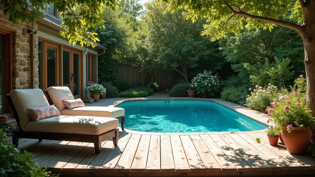 19 Cool Above Ground Pool Half Deck Ideas for Budget-Friendly Builds rustic poolside retreat charm