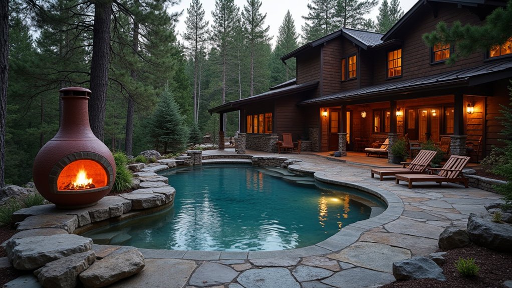 15 Pool Design Ideas With Fire Pit Accents for Cozy Nights rustic poolside wood chiminea