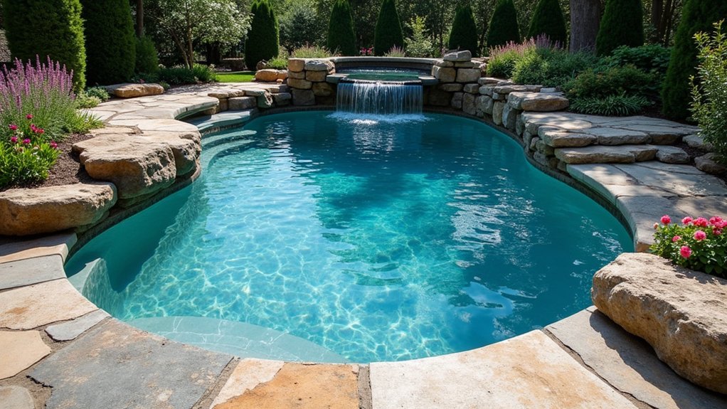 23 Fiberglass Pool Design Ideas That Are Built to Impress rustic stone pool elegance