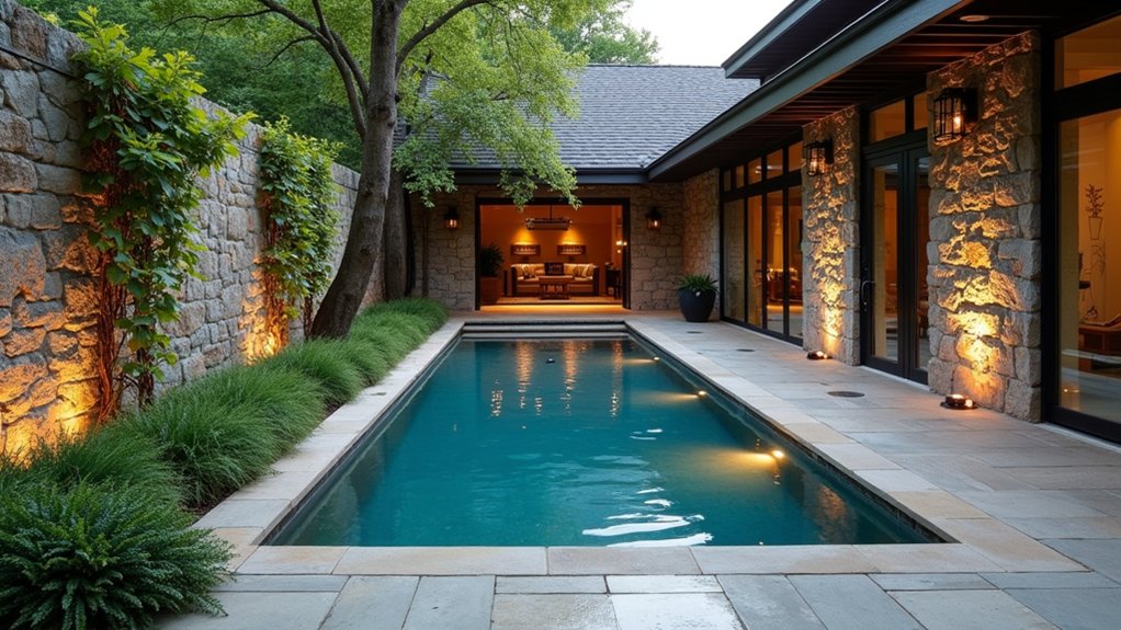 15 Sleek Lap Pool Design Ideas for Narrow Backyards rustic stone pool oasis