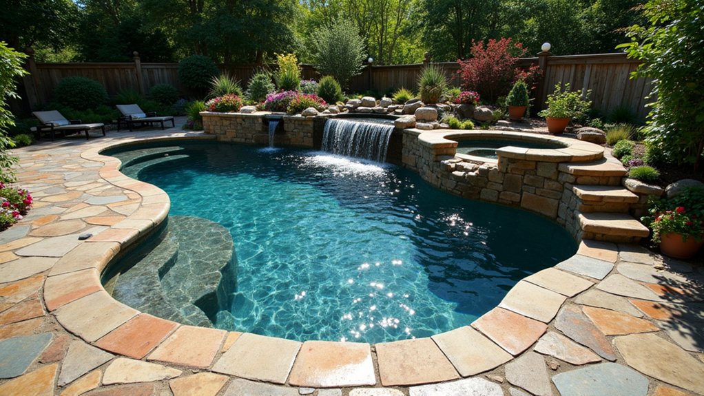18 Pool Ideas With Hot Tub Features for Total Relaxation rustic stone pool spa