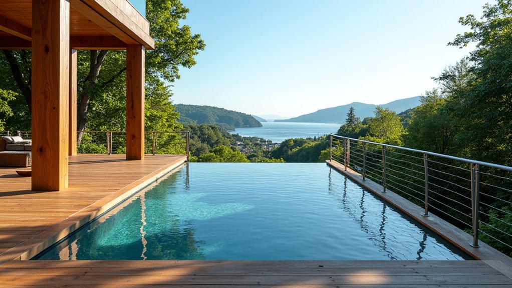 21 Safe and Stylish Pool Deck Railing Ideas to Frame Your View rustic wood meets modern cables