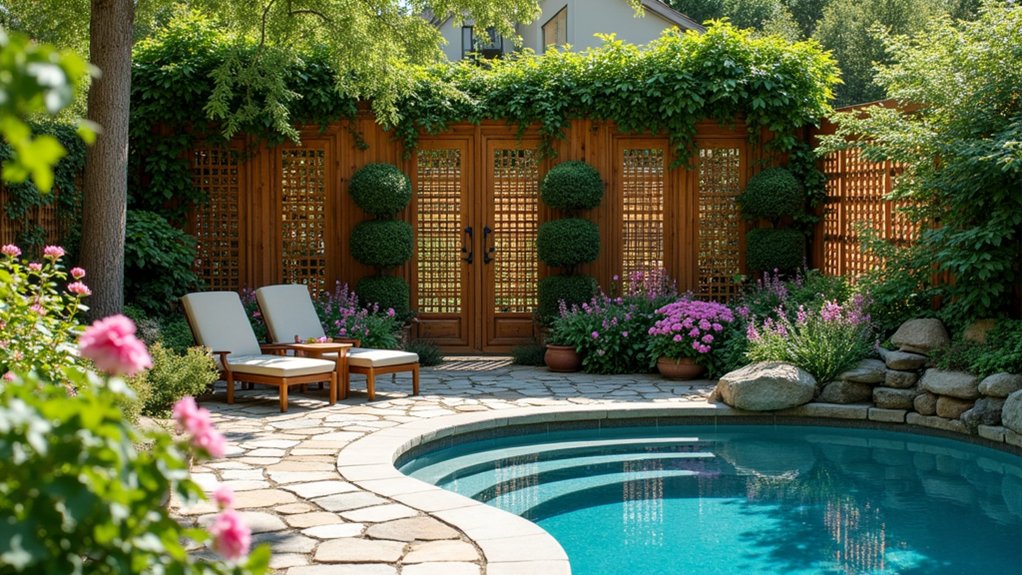 20 Smart Pool Landscaping for Privacy That Still Looks Great rustic wooden lattice panels