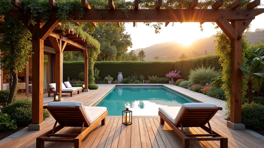 23 Cozy Rustic Pool Landscaping Ideas That Feel Warm and Inviting rustic wooden poolside charm