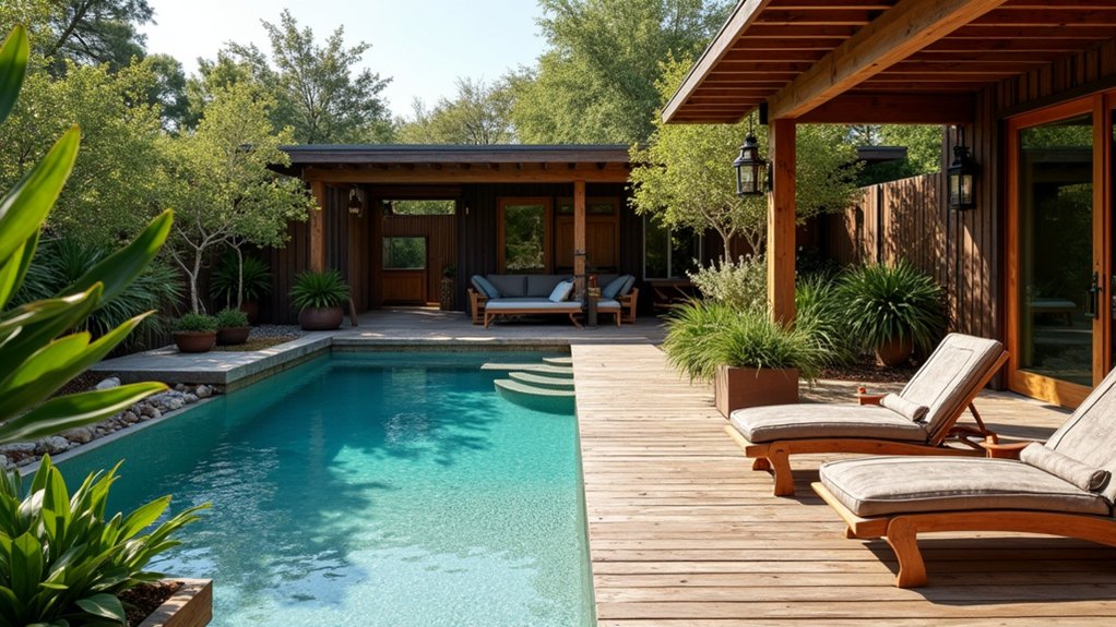 18 Beautiful Pool Landscaping Ideas to Refresh Your Outdoor Space rustic wooden poolside charm