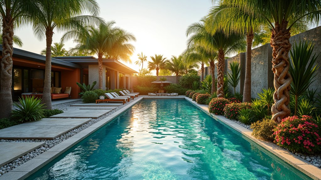 18 Exotic Pool Landscaping With Palm Trees That Scream Vacation Vibes sculptural palms enhance aesthetics
