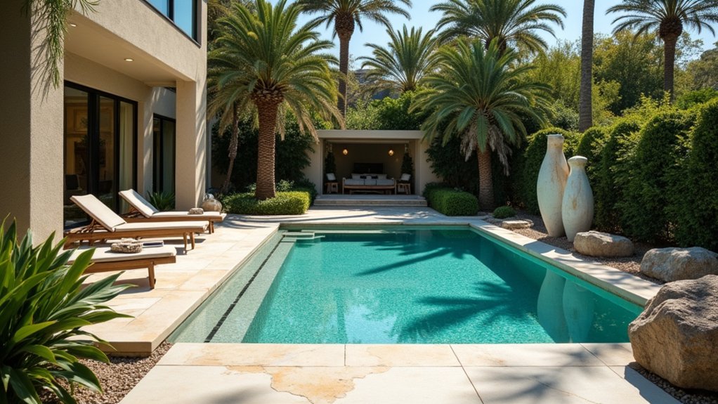 18 Beautiful Pool Landscaping Ideas to Refresh Your Outdoor Space sculptures enhancing poolside serenity