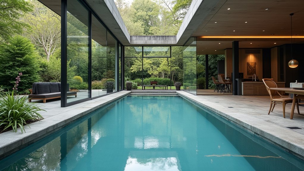 15 Sleek Lap Pool Design Ideas for Narrow Backyards seamless indoor outdoor transition