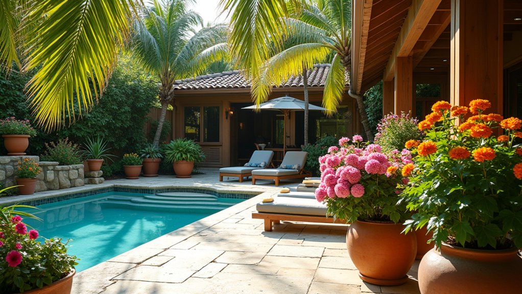 21 Lively Pool Deck Decorating Ideas With Potted Plants for Natural Charm seasonal blooms for vibrancy