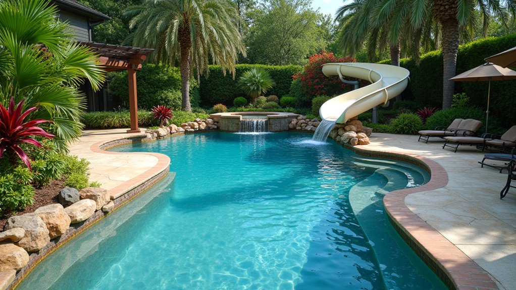 23 Fun Pool Landscaping With Slide Features Kids Will Love serene adventure in paradise