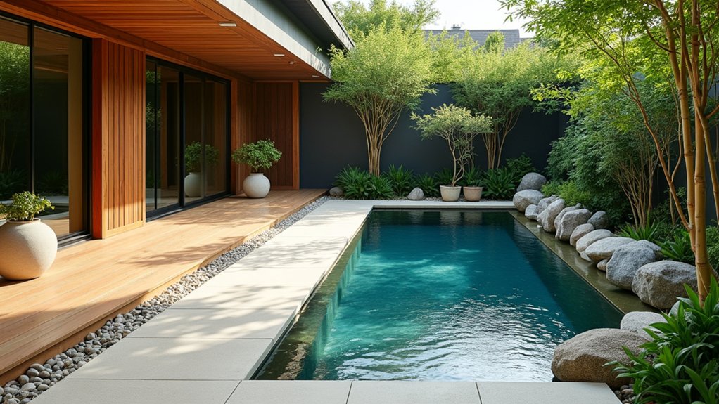 19 Cool Above Ground Pool Half Deck Ideas for Budget-Friendly Builds serene bamboo garden retreat