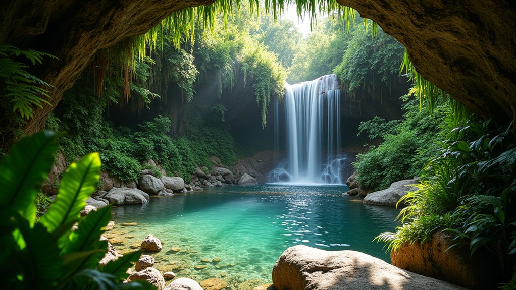 15 Captivating Pool Landscaping Waterfall Ideas That Add Movement and Sound serene grotto waterfall retreat