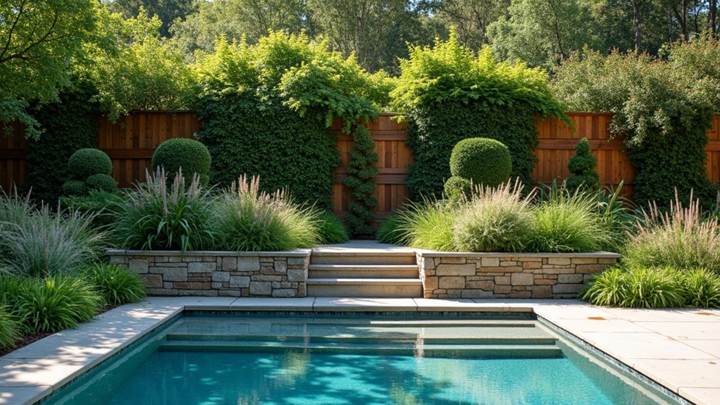 23 Stylish Pool Landscaping With Fence Ideas That Feel Secure and Chic serene layered garden oasis