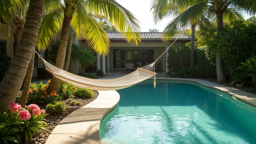 20 Breezy Australian Pool Landscaping Ideas for Laid-Back Vibes serene macram hammock retreat