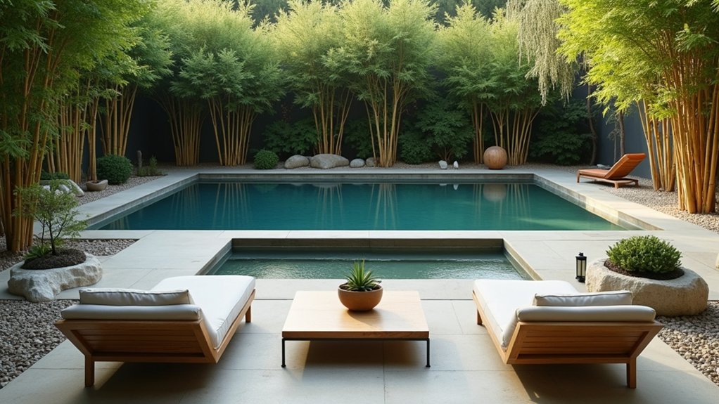 20 Peaceful Zen Pool Landscaping Ideas to Create Calm Outdoors serene minimalist outdoor furniture