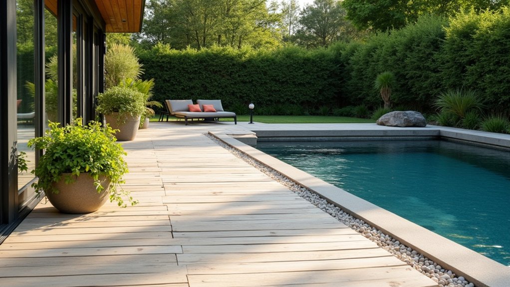 19 Cool Above Ground Pool Half Deck Ideas for Budget-Friendly Builds serene minimalist wooden deck