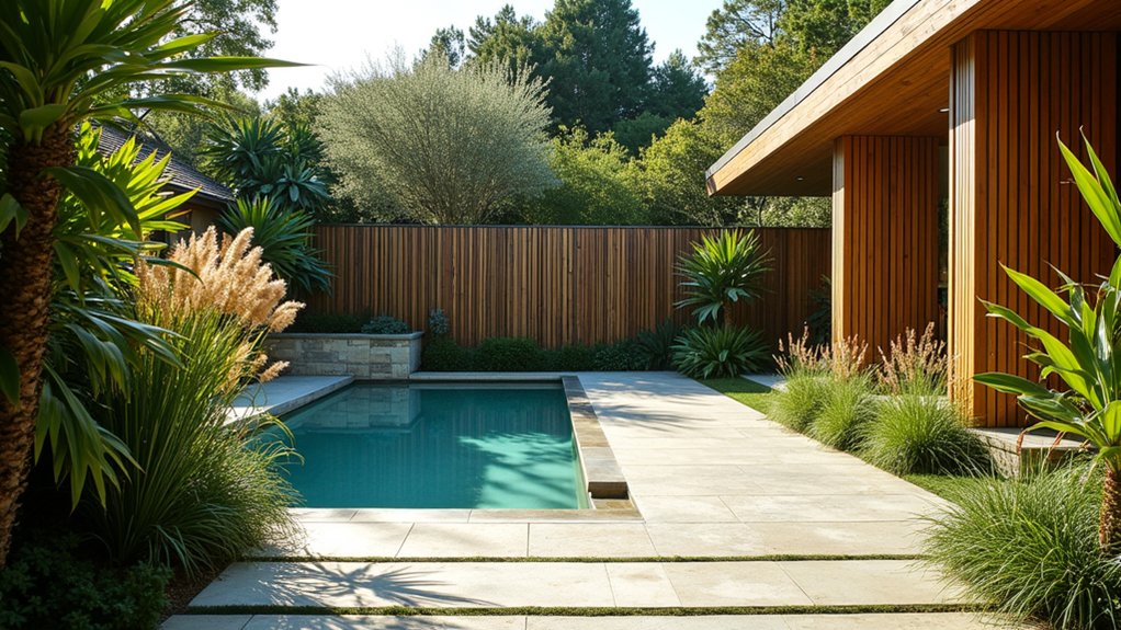 23 Stylish Pool Landscaping With Fence Ideas That Feel Secure and Chic serene ornamental grass sanctuary