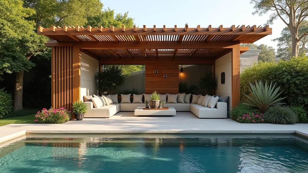 17 Elegant Pool Deck Pergola Designs That Add Structure and Shade serene pergola seating oasis